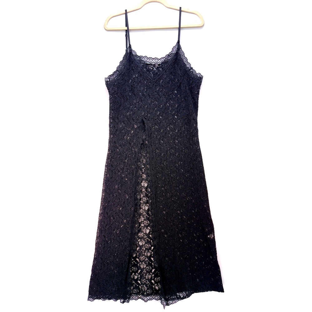 Black Floral Lace Slip Dress Maxi Tank Sz 10 Goth Whimsigoth Fairy Grunge Y2K